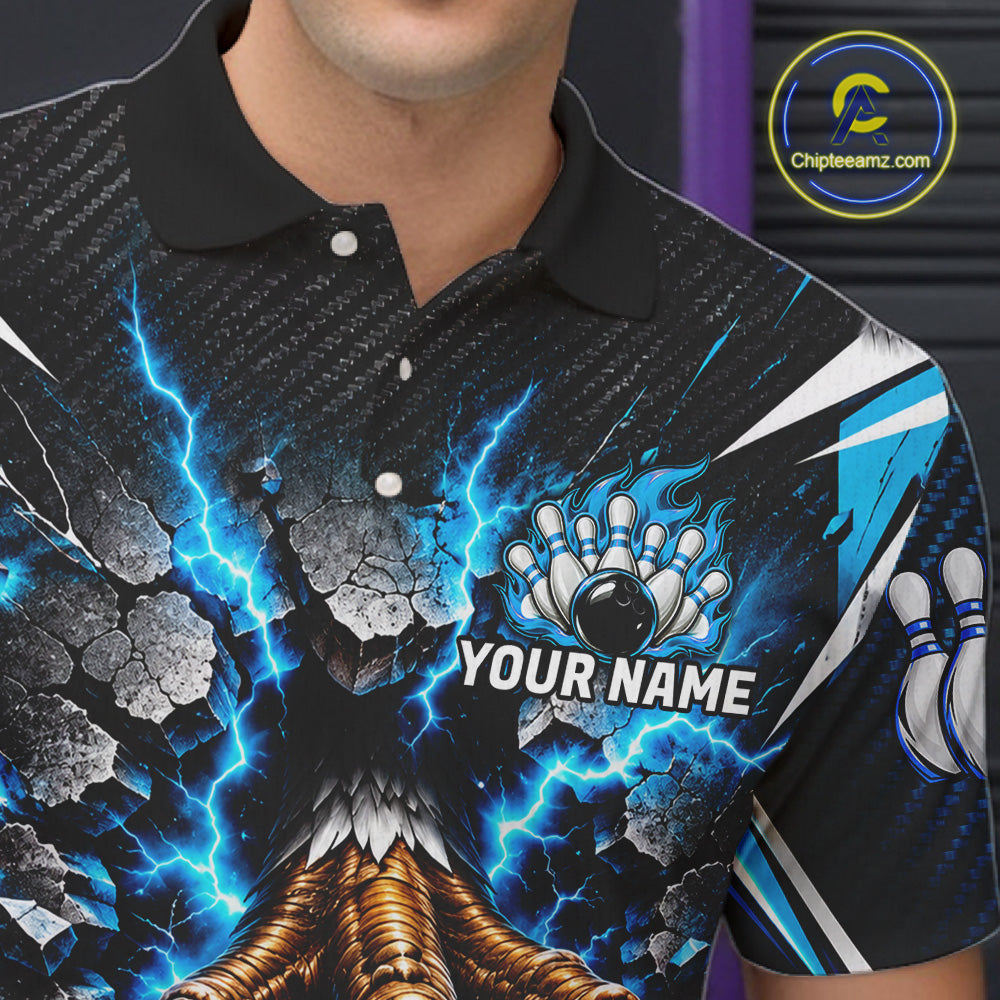 Personalized Eagle Bowling Ball Polo 1/4-Zip Shirt Thunder Blue Lightning Bowling Team Jersey