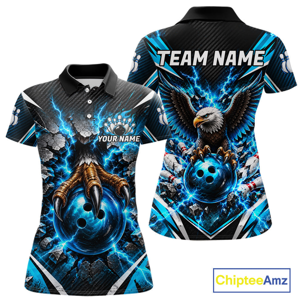 Personalized Eagle Bowling Ball Polo 1/4-Zip Shirt Thunder Blue Lightning Bowling Team Jersey