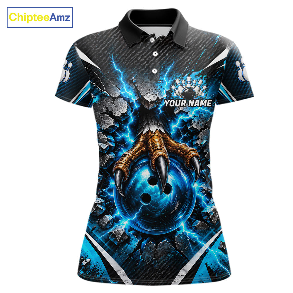 Personalized Eagle Bowling Ball Polo 1/4-Zip Shirt Thunder Blue Lightning Bowling Team Jersey