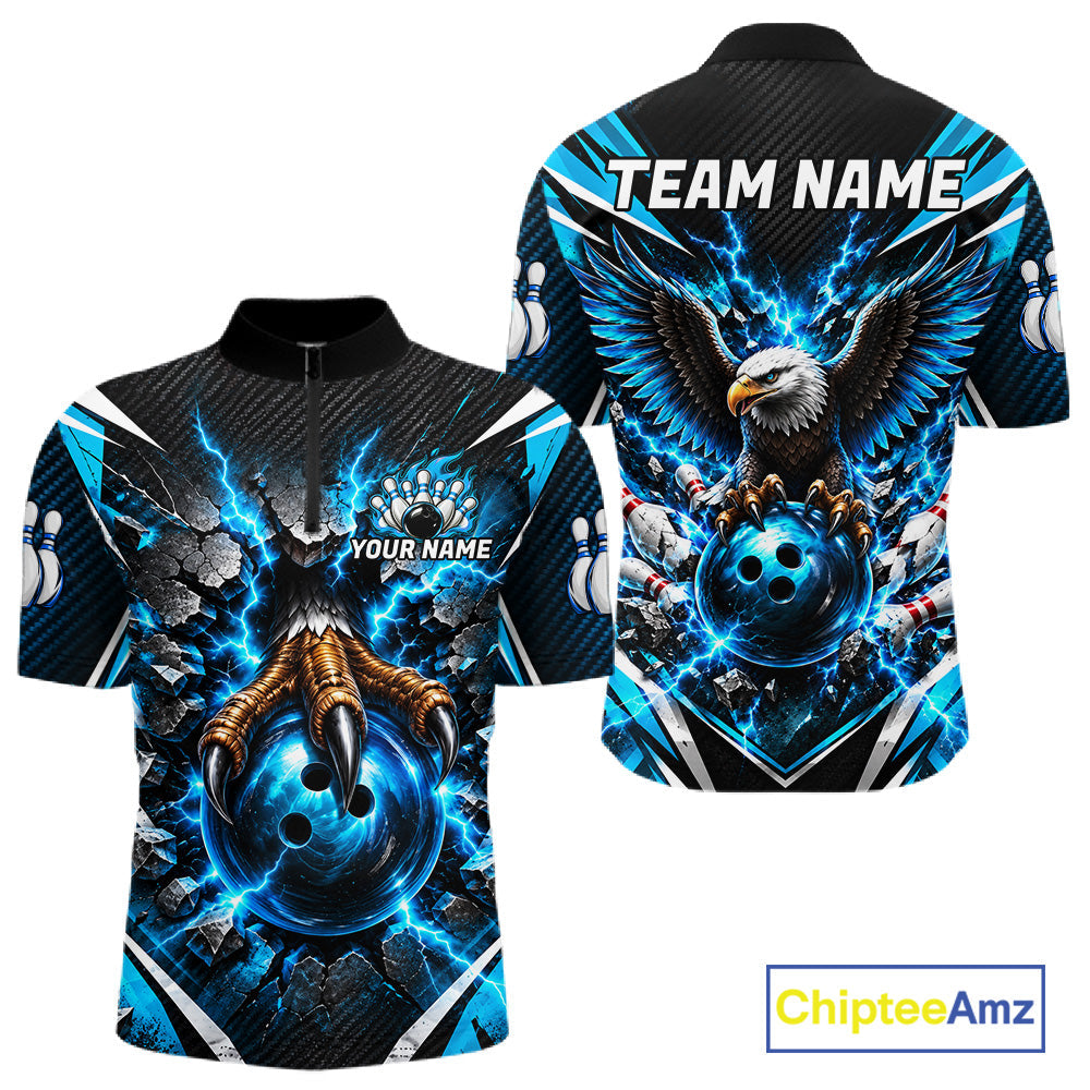 Personalized Eagle Bowling Ball Polo 1/4-Zip Shirt Thunder Blue Lightning Bowling Team Jersey