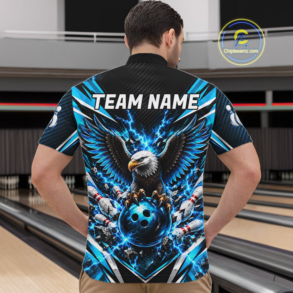 Personalized Eagle Bowling Ball Polo 1/4-Zip Shirt Thunder Blue Lightning Bowling Team Jersey