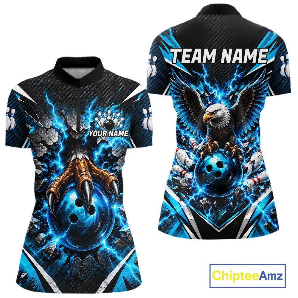 Personalized Eagle Bowling Ball Polo 1/4-Zip Shirt Thunder Blue Lightning Bowling Team Jersey