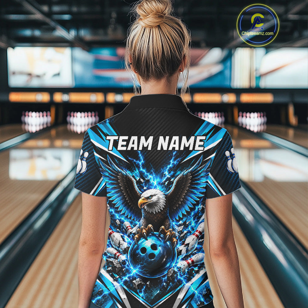 Personalized Eagle Bowling Ball Polo 1/4-Zip Shirt Thunder Blue Lightning Bowling Team Jersey