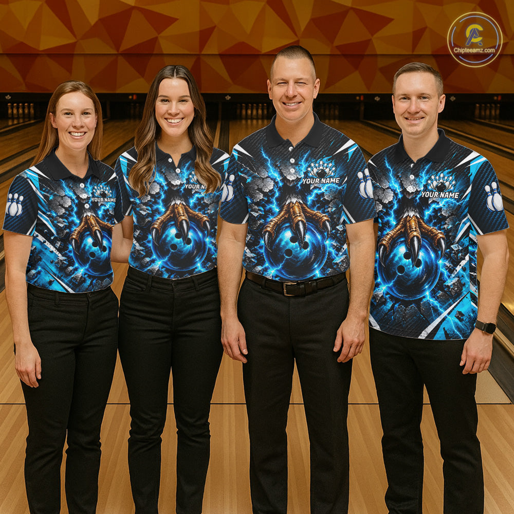 Personalized Eagle Bowling Ball Polo 1/4-Zip Shirt Thunder Blue Lightning Bowling Team Jersey