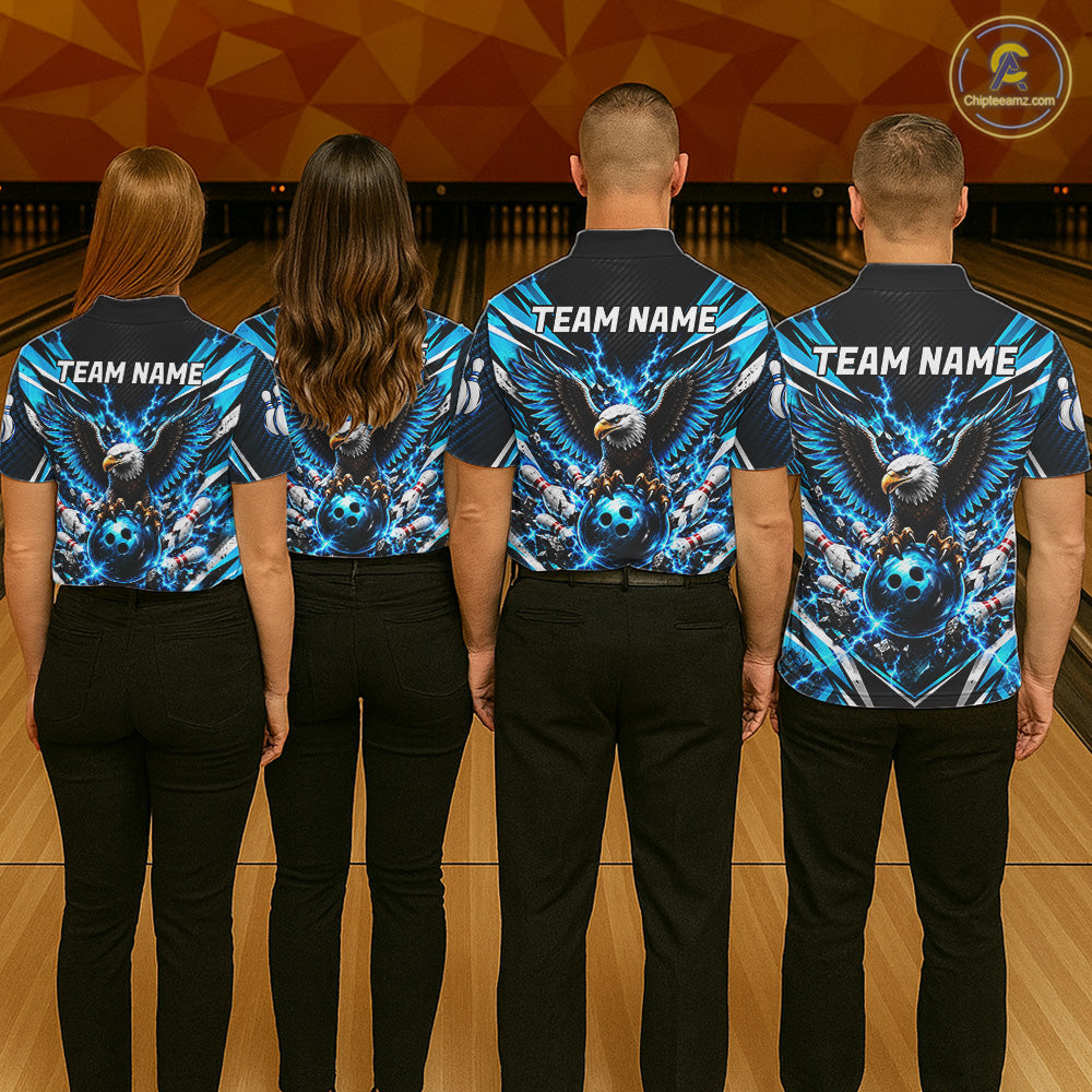 Personalized Eagle Bowling Ball Polo 1/4-Zip Shirt Thunder Blue Lightning Bowling Team Jersey