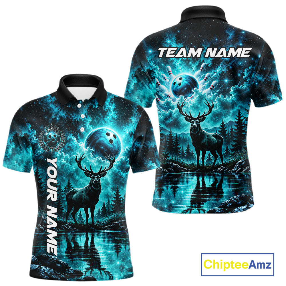 Personalized Deer Moon Bowling Ball Shirt Custom Teal Galaxy Bowling Jersey Team Apparel