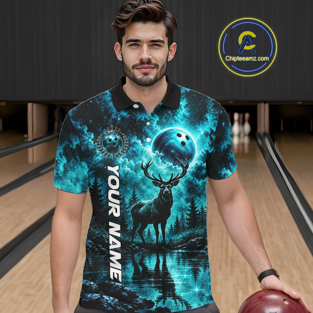Personalized Deer Moon Bowling Ball Shirt Custom Teal Galaxy Bowling Jersey Team Apparel