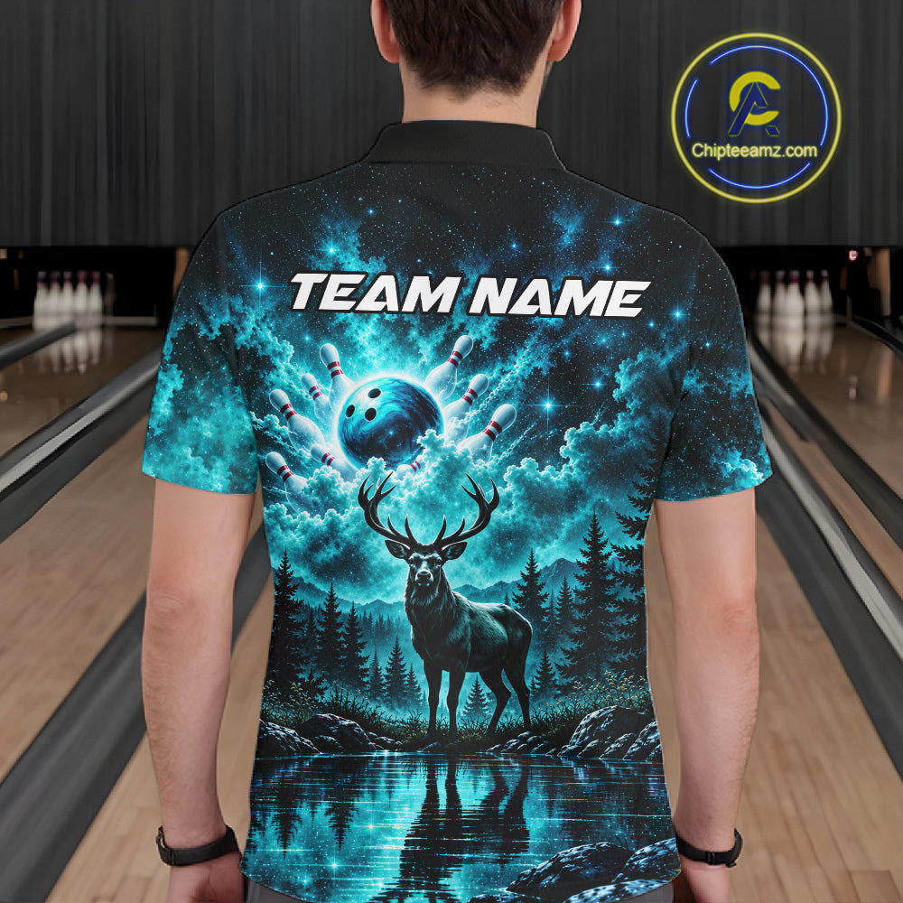 Personalized Deer Moon Bowling Ball Shirt Custom Teal Galaxy Bowling Jersey Team Apparel