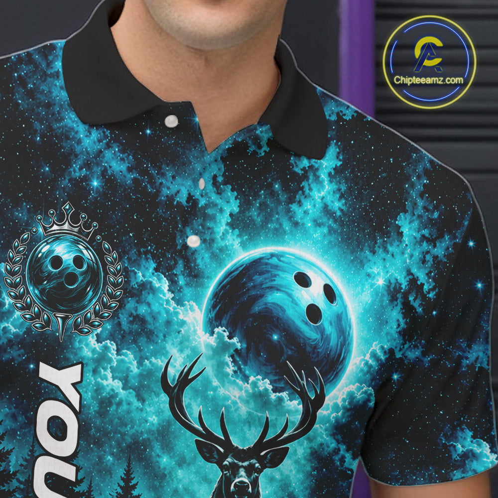 Personalized Deer Moon Bowling Ball Shirt Custom Teal Galaxy Bowling Jersey Team Apparel