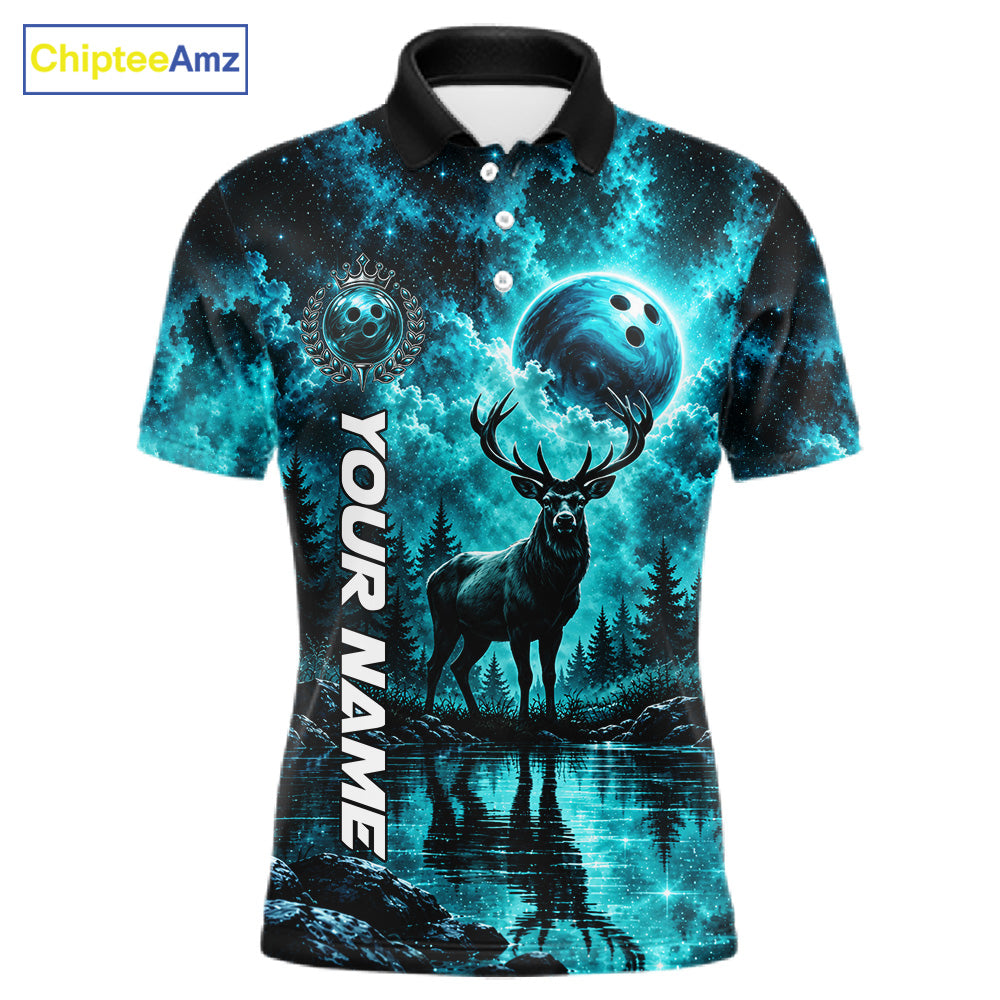 Personalized Deer Moon Bowling Ball Shirt Custom Teal Galaxy Bowling Jersey Team Apparel