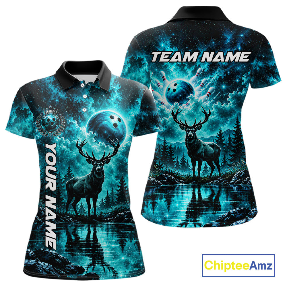 Personalized Deer Moon Bowling Ball Shirt Custom Teal Galaxy Bowling Jersey Team Apparel
