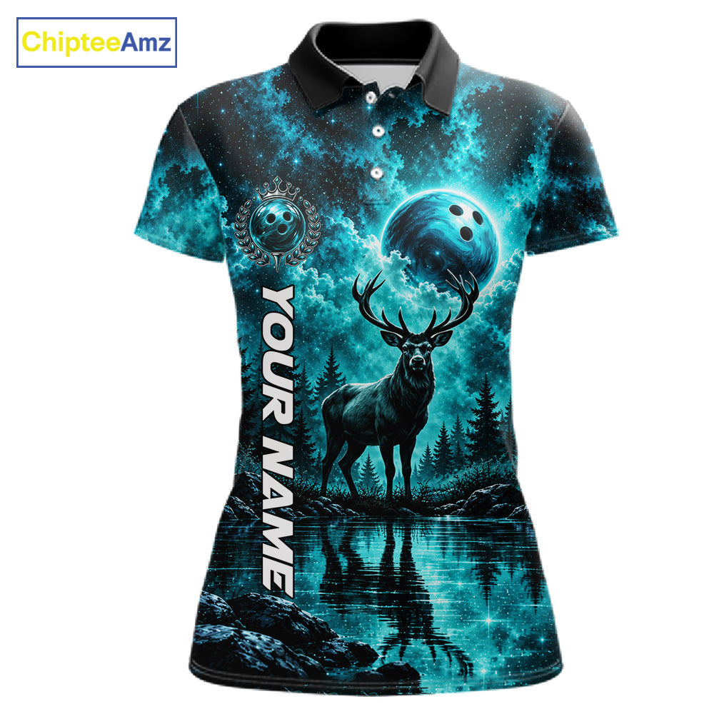 Personalized Deer Moon Bowling Ball Shirt Custom Teal Galaxy Bowling Jersey Team Apparel