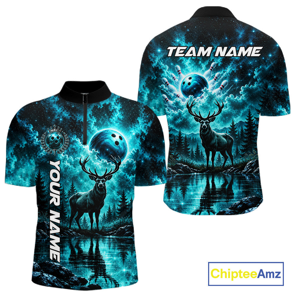 Personalized Deer Moon Bowling Ball Shirt Custom Teal Galaxy Bowling Jersey Team Apparel