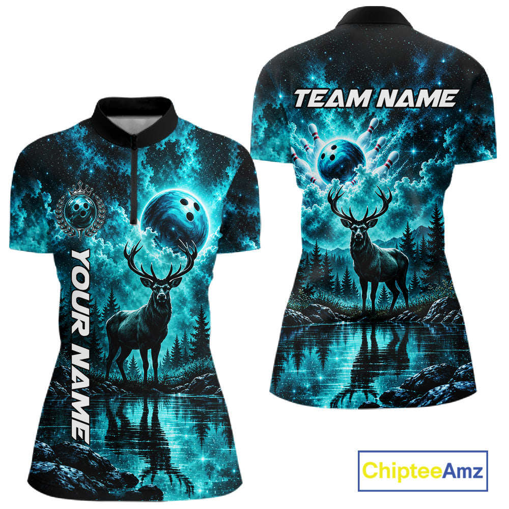Personalized Deer Moon Bowling Ball Shirt Custom Teal Galaxy Bowling Jersey Team Apparel