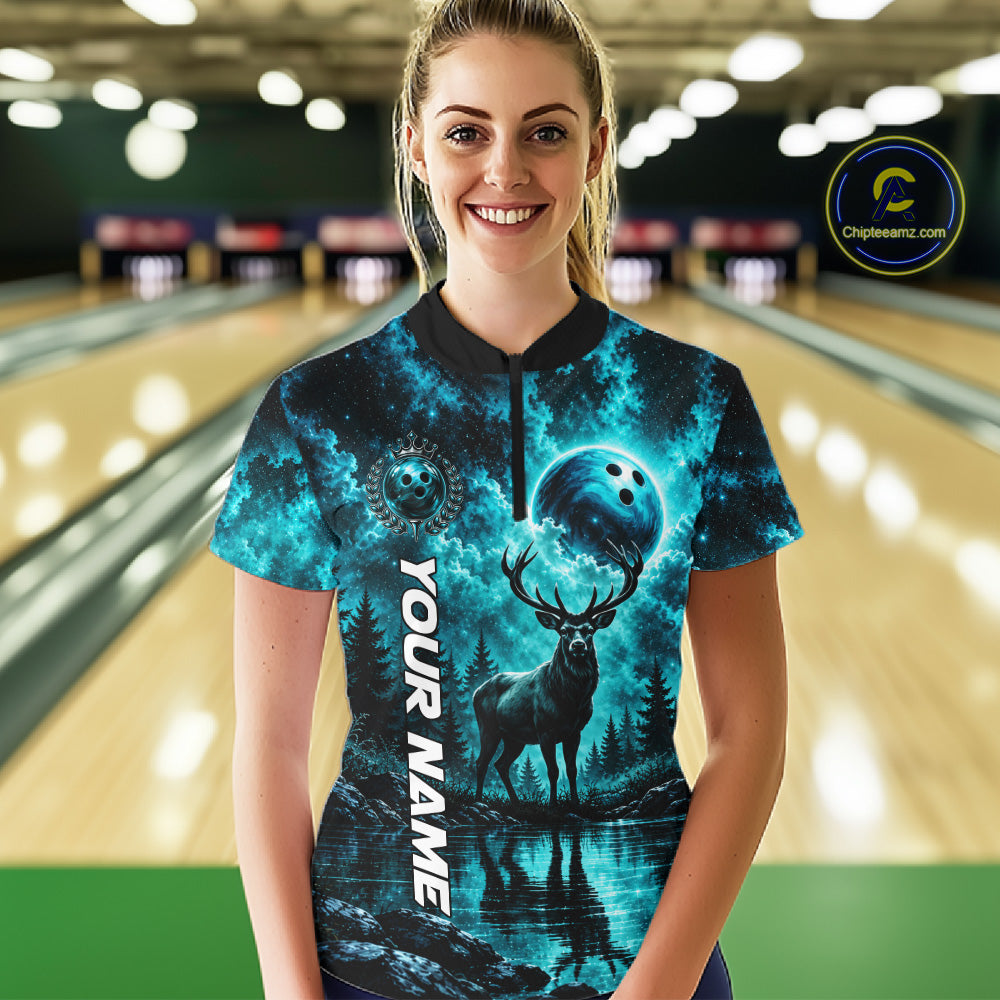 Personalized Deer Moon Bowling Ball Shirt Custom Teal Galaxy Bowling Jersey Team Apparel