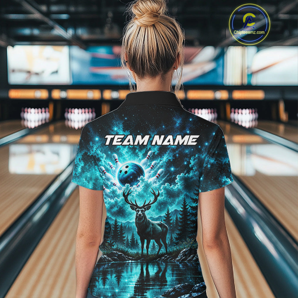Personalized Deer Moon Bowling Ball Shirt Custom Teal Galaxy Bowling Jersey Team Apparel