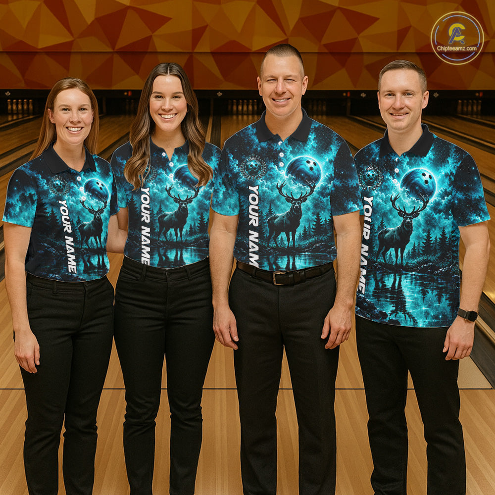 Personalized Deer Moon Bowling Ball Shirt Custom Teal Galaxy Bowling Jersey Team Apparel