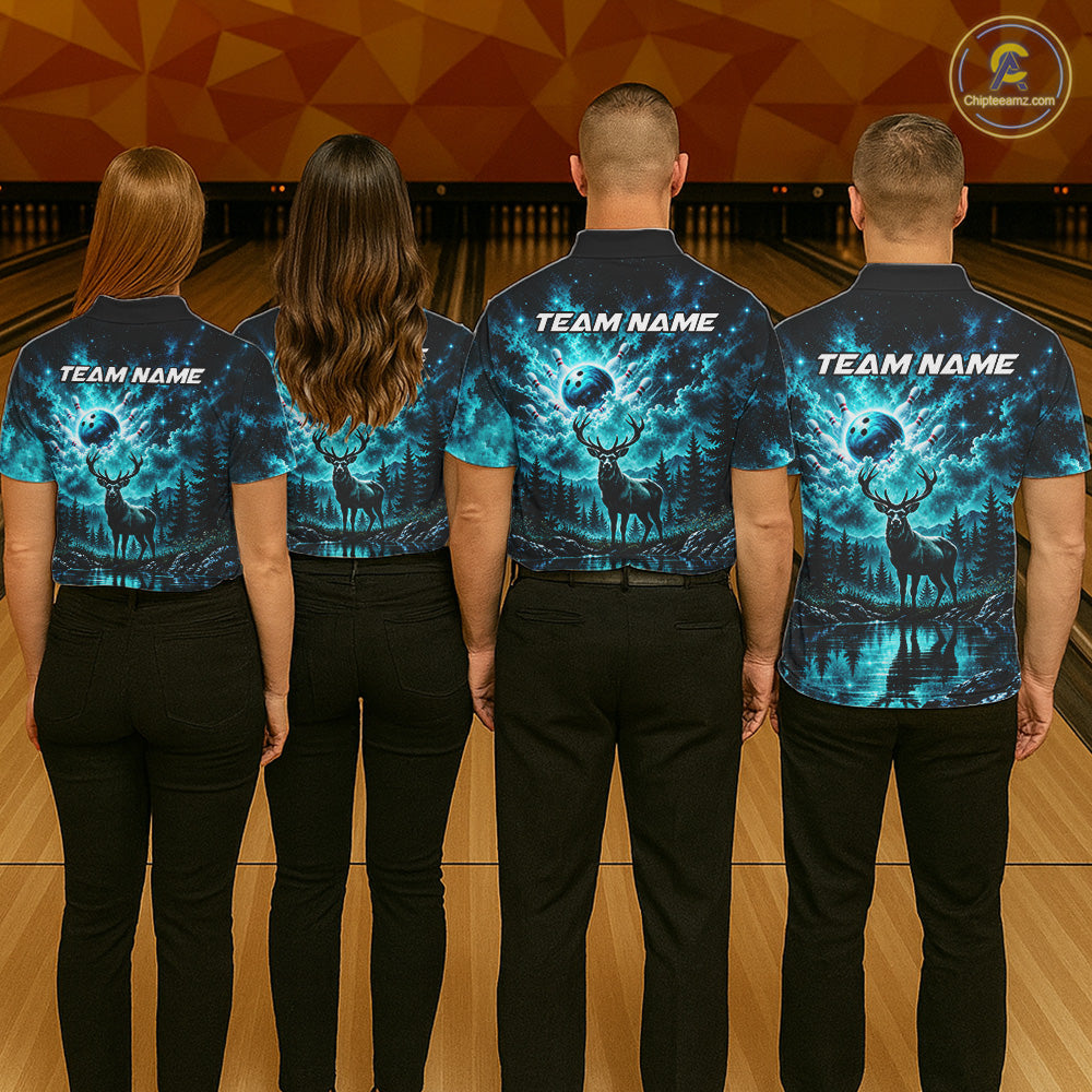 Personalized Deer Moon Bowling Ball Shirt Custom Teal Galaxy Bowling Jersey Team Apparel