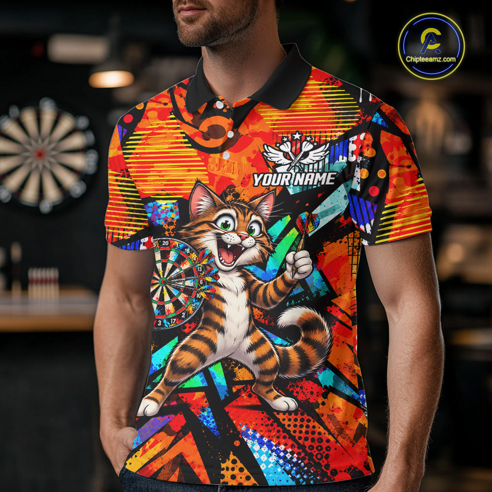 Personalized Tabby Cat Funny Darts Shirt Orange Strike Geometric Dart Tournament Jerseys