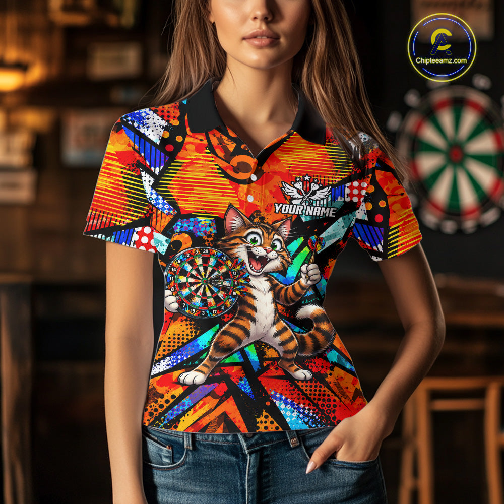 Personalized Tabby Cat Funny Darts Shirt Orange Strike Geometric Dart Tournament Jerseys