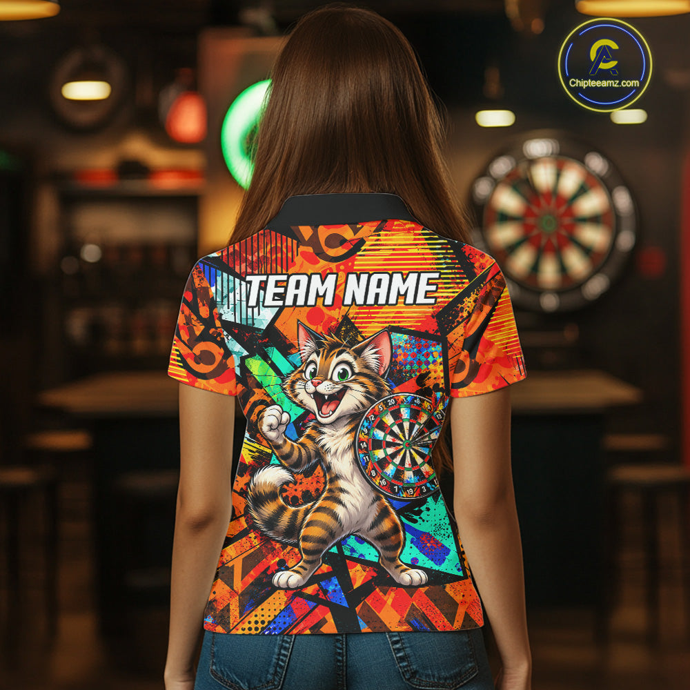 Personalized Tabby Cat Funny Darts Shirt Orange Strike Geometric Dart Tournament Jerseys