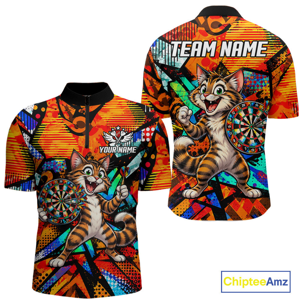 Personalized Tabby Cat Funny Darts Shirt Orange Strike Geometric Dart Tournament Jerseys