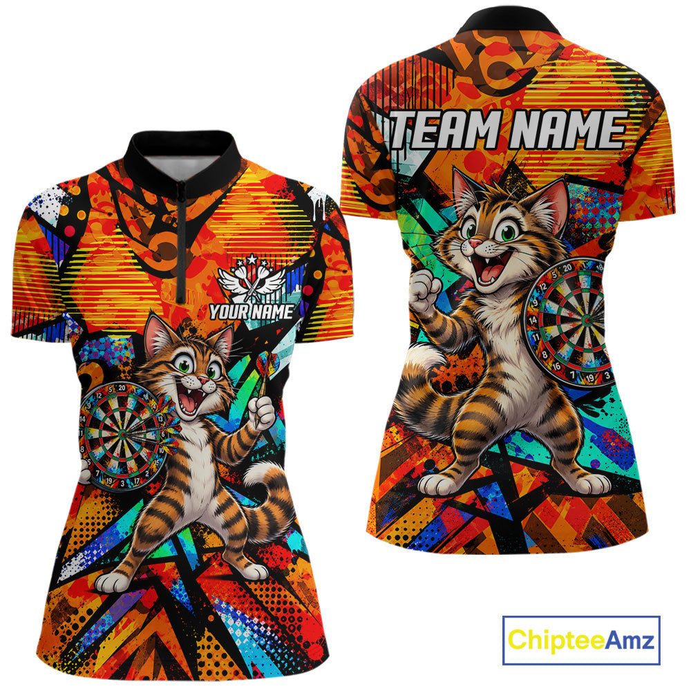 Personalized Tabby Cat Funny Darts Shirt Orange Strike Geometric Dart Tournament Jerseys