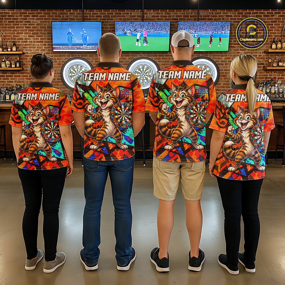 Personalized Tabby Cat Funny Darts Shirt Orange Strike Geometric Dart Tournament Jerseys