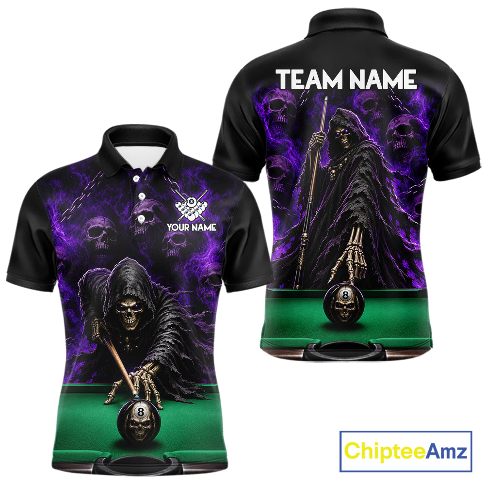 Custom Grim Reaper Pool Billiard Shirt Skull 8 Ball Purple Billiard Polo 1/4-Zip Team Uniform