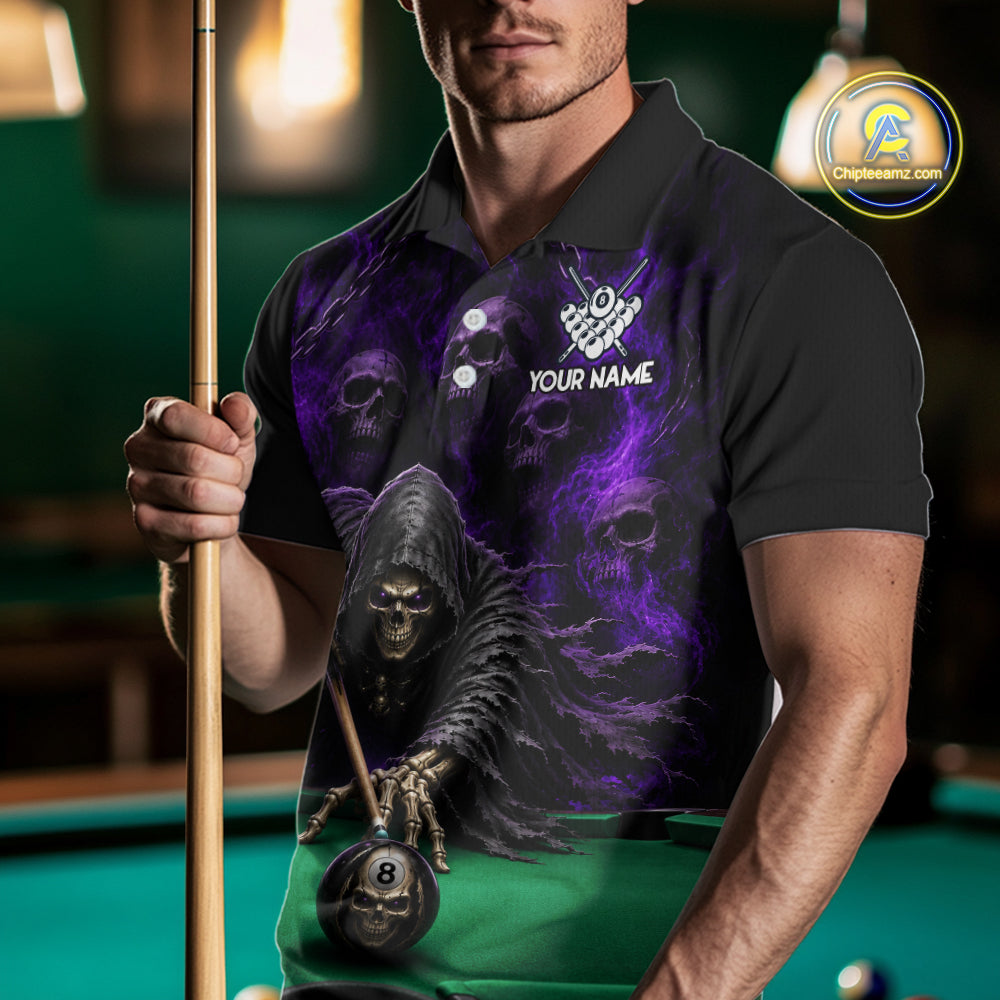 Custom Grim Reaper Pool Billiard Shirt Skull 8 Ball Purple Billiard Polo 1/4-Zip Team Uniform