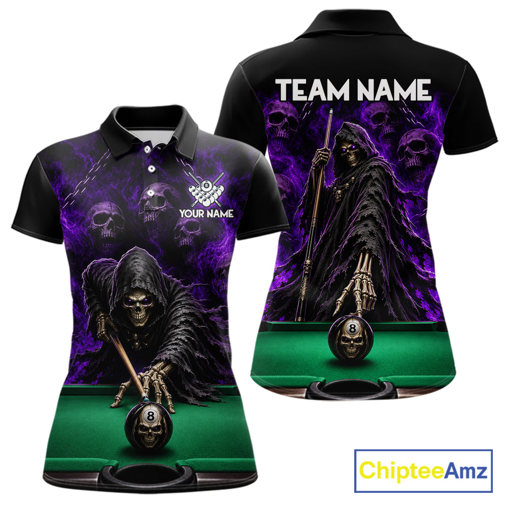 Custom Grim Reaper Pool Billiard Shirt Skull 8 Ball Purple Billiard Polo 1/4-Zip Team Uniform