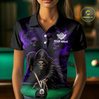 Custom Grim Reaper Pool Billiard Shirt Skull 8 Ball Purple Billiard Polo 1/4-Zip Team Uniform