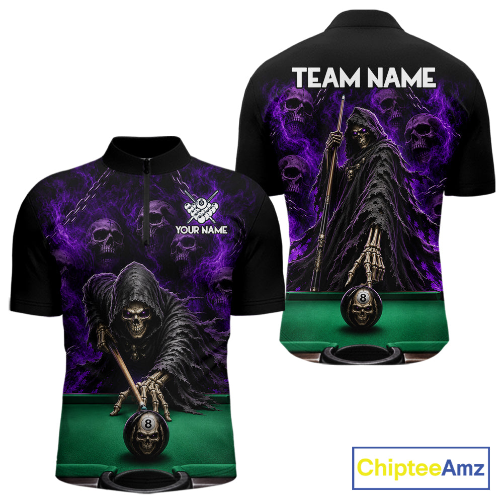 Custom Grim Reaper Pool Billiard Shirt Skull 8 Ball Purple Billiard Polo 1/4-Zip Team Uniform