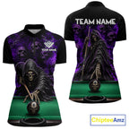 Custom Grim Reaper Pool Billiard Shirt Skull 8 Ball Purple Billiard Polo 1/4-Zip Team Uniform