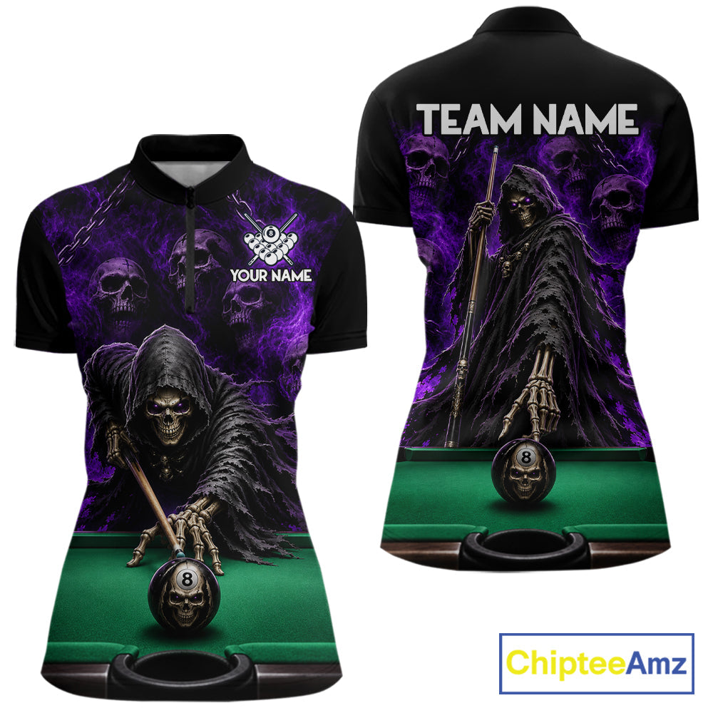 Custom Grim Reaper Pool Billiard Shirt Skull 8 Ball Purple Billiard Polo 1/4-Zip Team Uniform