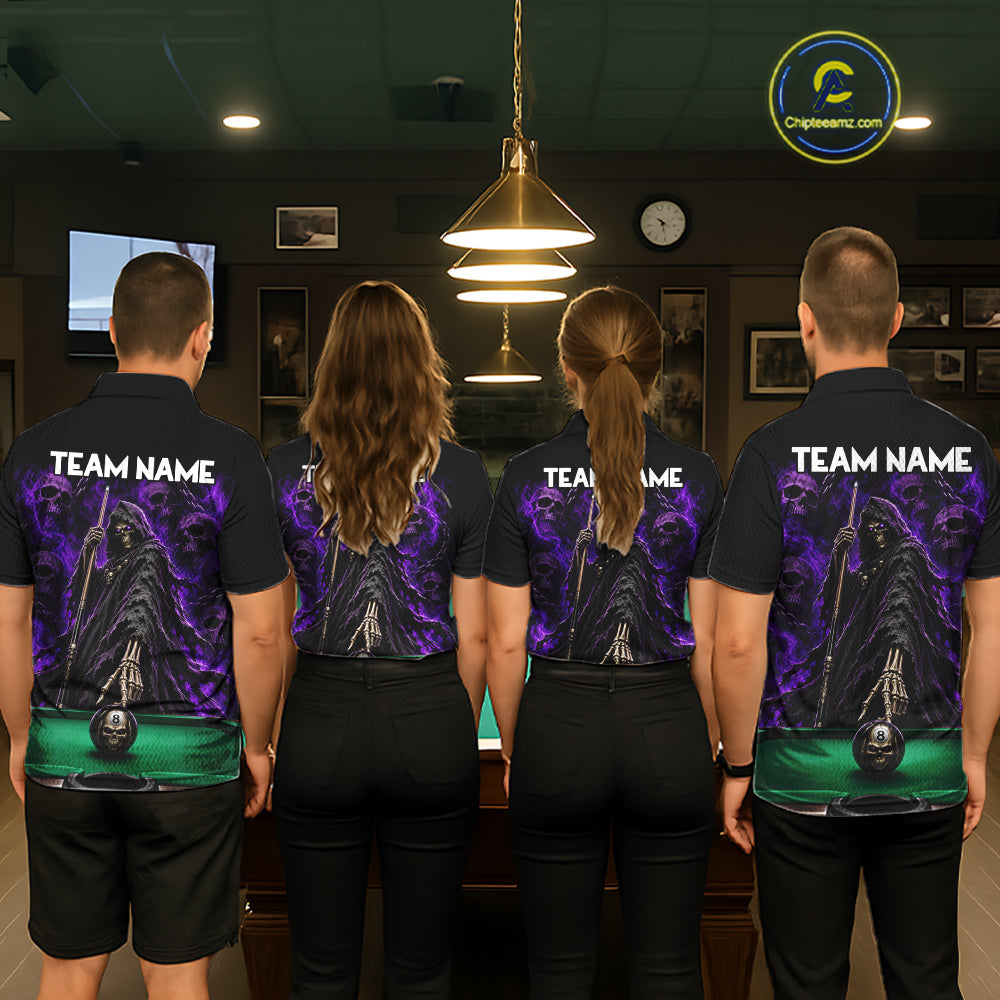 Custom Grim Reaper Pool Billiard Shirt Skull 8 Ball Purple Billiard Polo 1/4-Zip Team Uniform