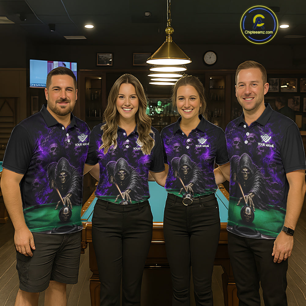 Custom Grim Reaper Pool Billiard Shirt Skull 8 Ball Purple Billiard Polo 1/4-Zip Team Uniform