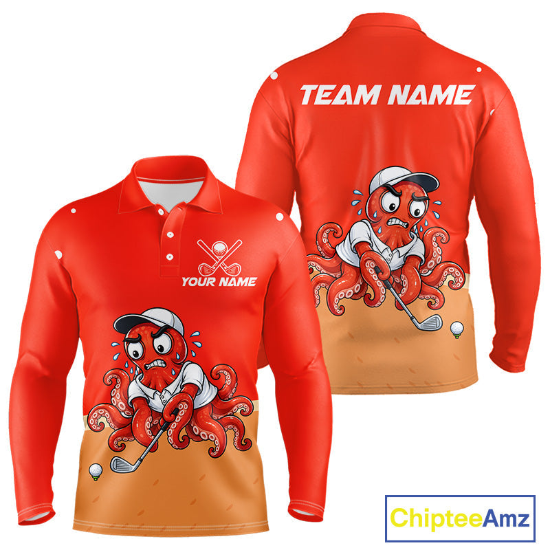 Custom Red Funny Octopus Golf Polo Shirt Personalized Crab Golfer Golf Team Golf Apparel