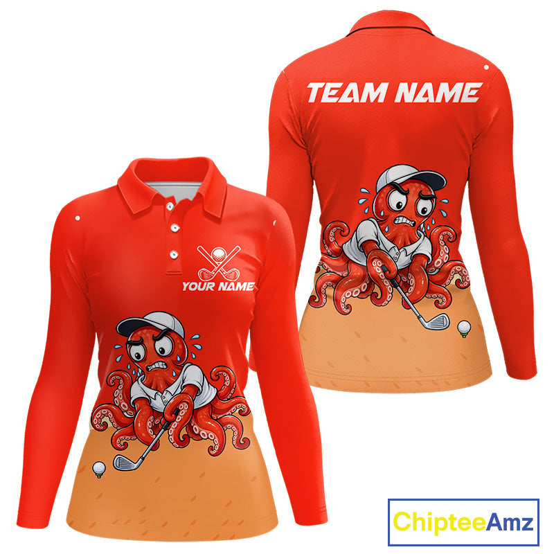 Custom Red Funny Octopus Golf Polo Shirt Personalized Crab Golfer Golf Team Golf Apparel