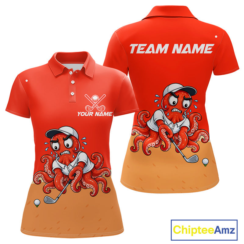 Custom Red Funny Octopus Golf Polo Shirt Personalized Crab Golfer Golf Team Golf Apparel