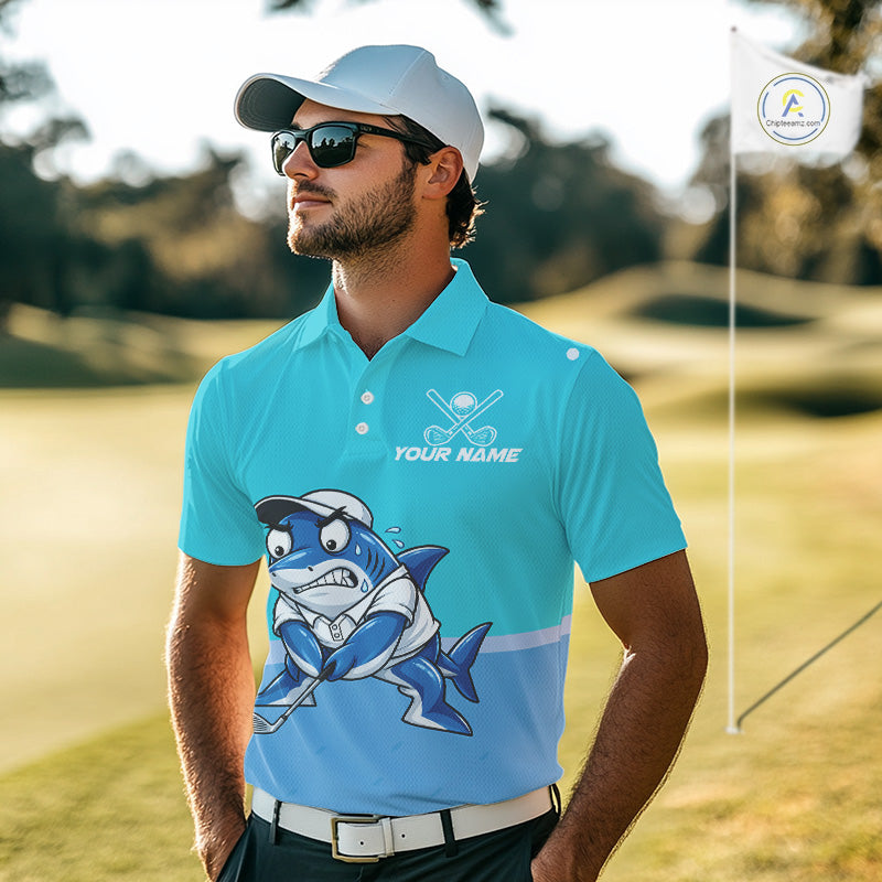 Custom Blue Funny Shark Golf Polo Shirt Personalized Crab Golfer Golf Team Golf Apparel
