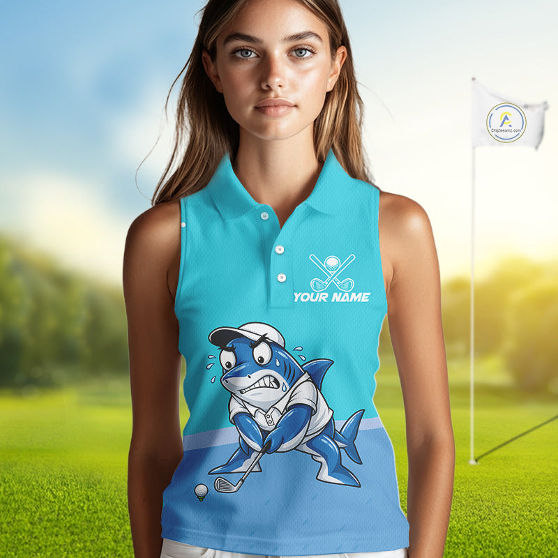 Custom Blue Funny Shark Golf Sleeveless Polo Shirt Personalized Crab Golfer Golf Team Golf Apparel