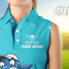 Custom Blue Funny Shark Golf Sleeveless Polo Shirt Personalized Crab Golfer Golf Team Golf Apparel