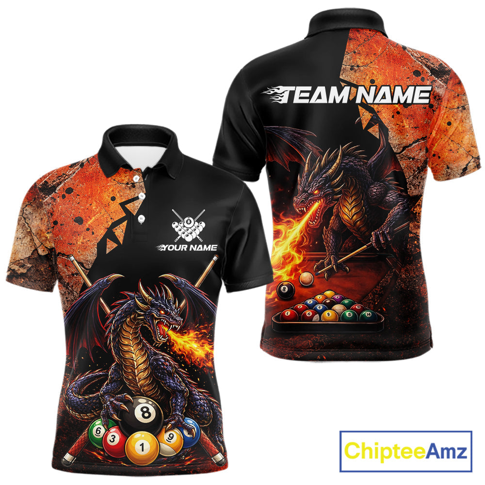 Orange Grunge Dragon Flame 8 Ball Pool Billiard Shirt Custom Billiards Team Attire