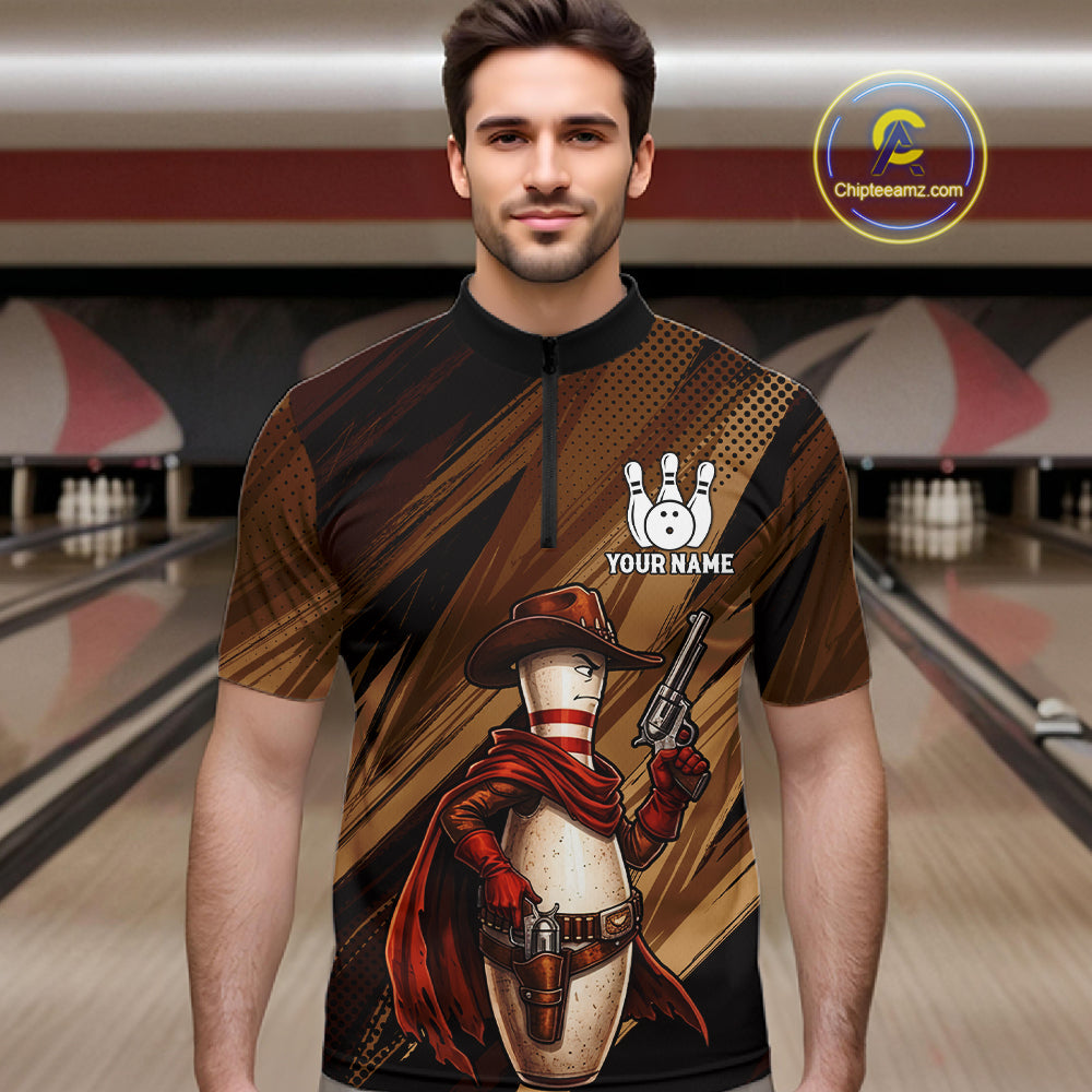 Funny Cowboy Bowling Jersey Gun Gunslinger Bowling Pin Shirt Personalized Bowling Team Apparel
