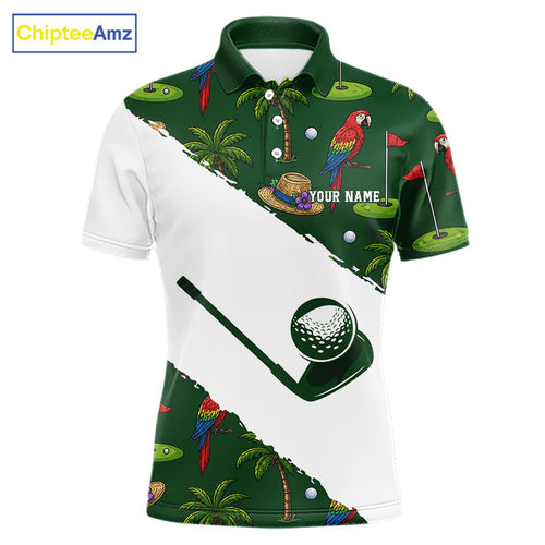 Parrot Palm Tree Pattern Golf Polo Shirts Custom Funny Golf Polos, Upf Golf Shirts