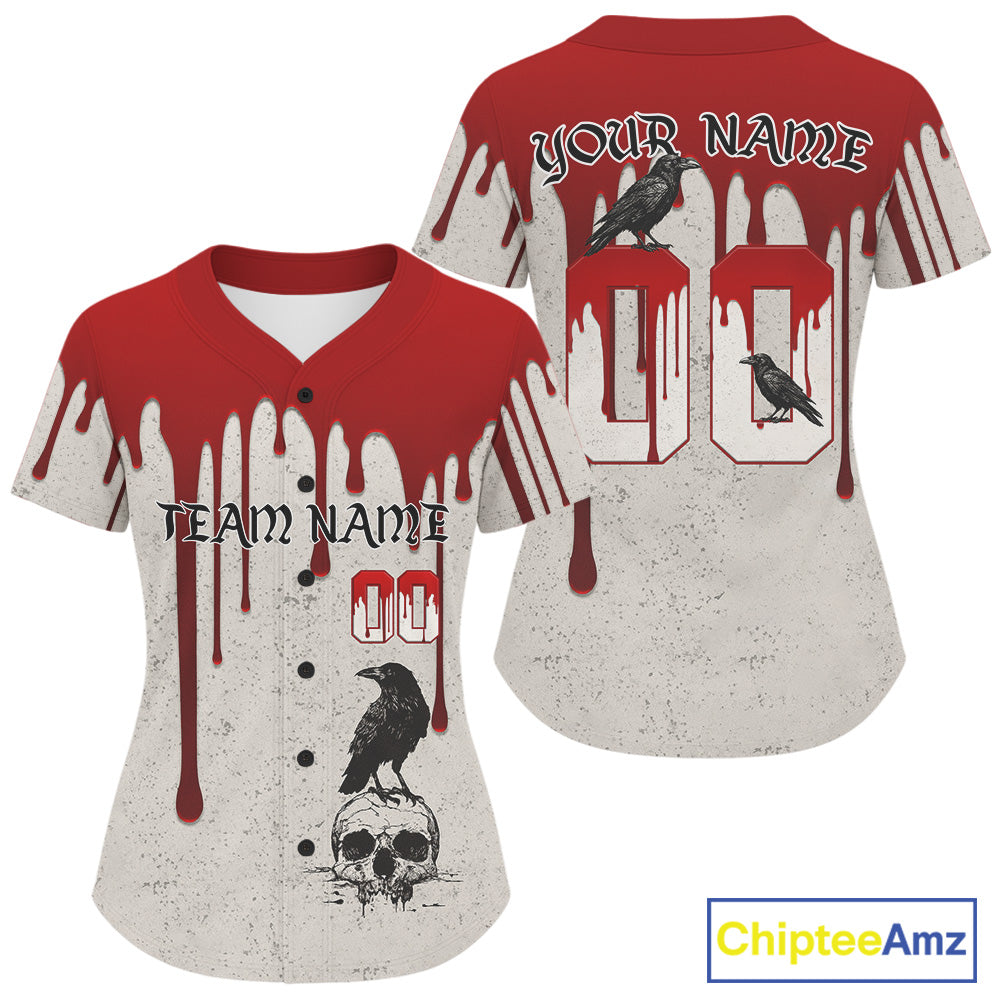 Custom Red Blood Skull Raven Baseball Shirt Horror Halloween Baseball Jerseys