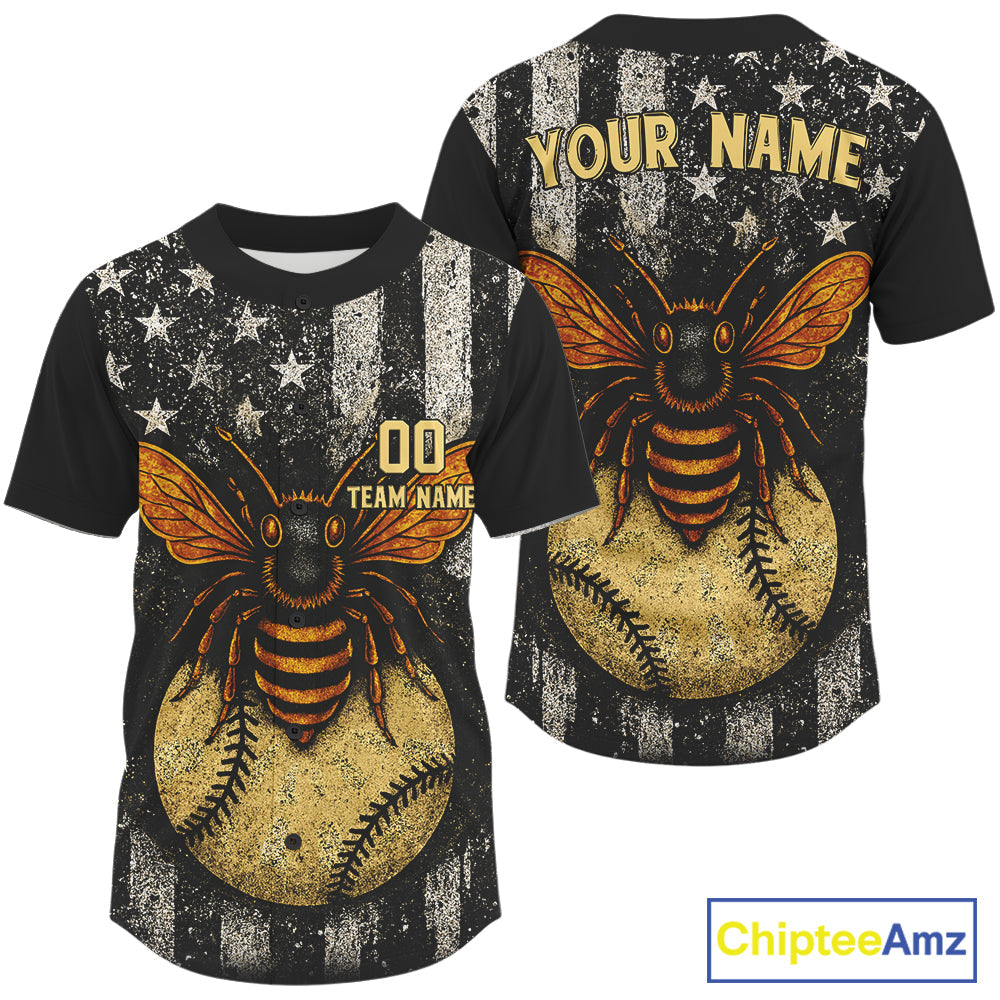 Custom Black-White US Flag Bee Grunge Baseball Shirt Patriotic Baseball Jersey