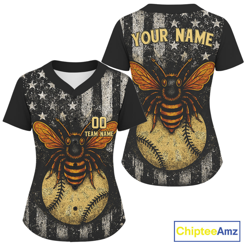 Custom Black-White US Flag Bee Grunge Baseball Shirt Patriotic Baseball Jersey