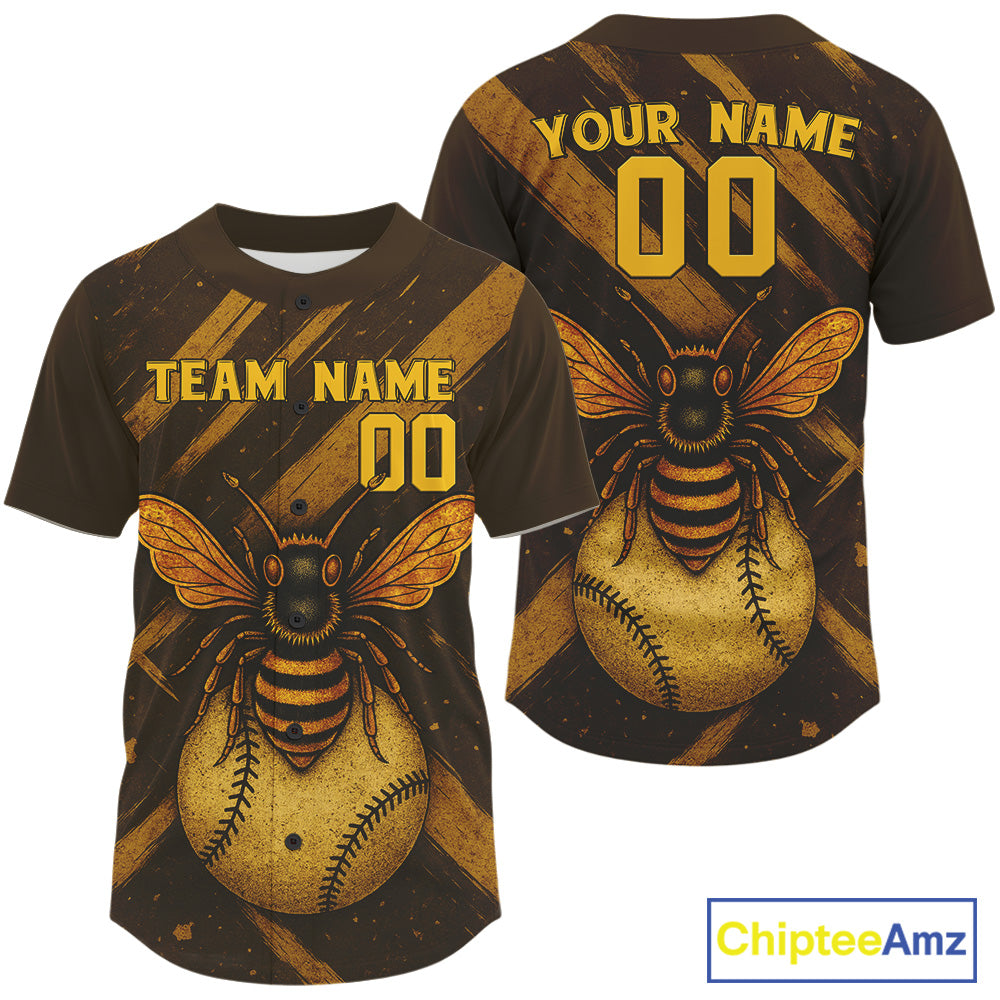 Custom Brown And Yellow Bee Grunge Baseball Shirt Authentic Baseball Jersey